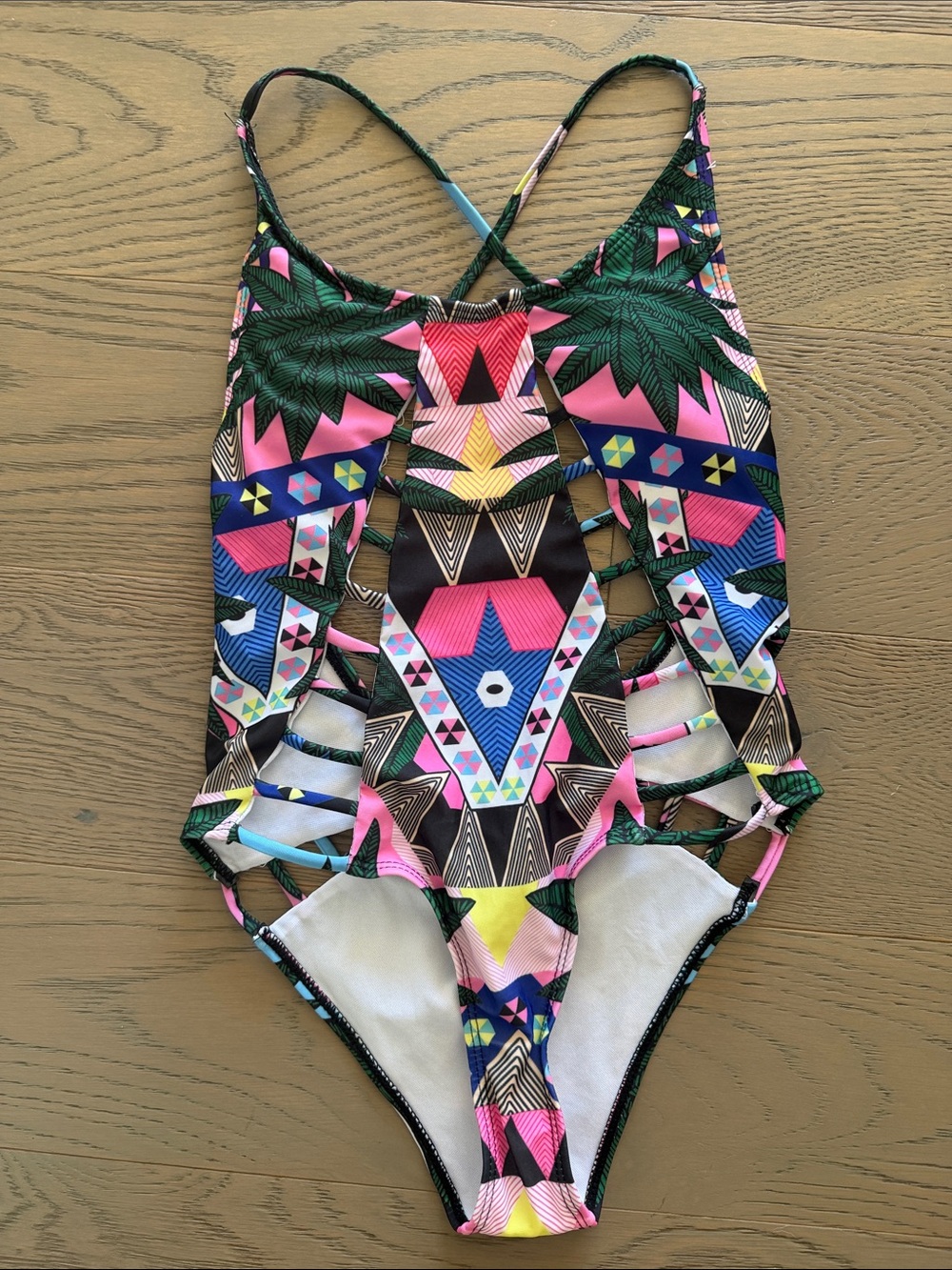 One-Piece Swimsuit - Neon Geometric Print